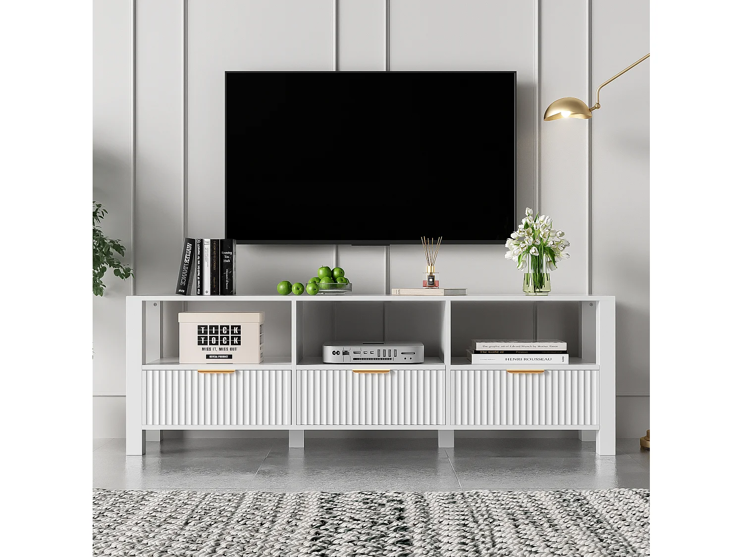 Meuble TV Moderne Blanc, 152,5 Cm, Design Simple Et Élégant, Blanc