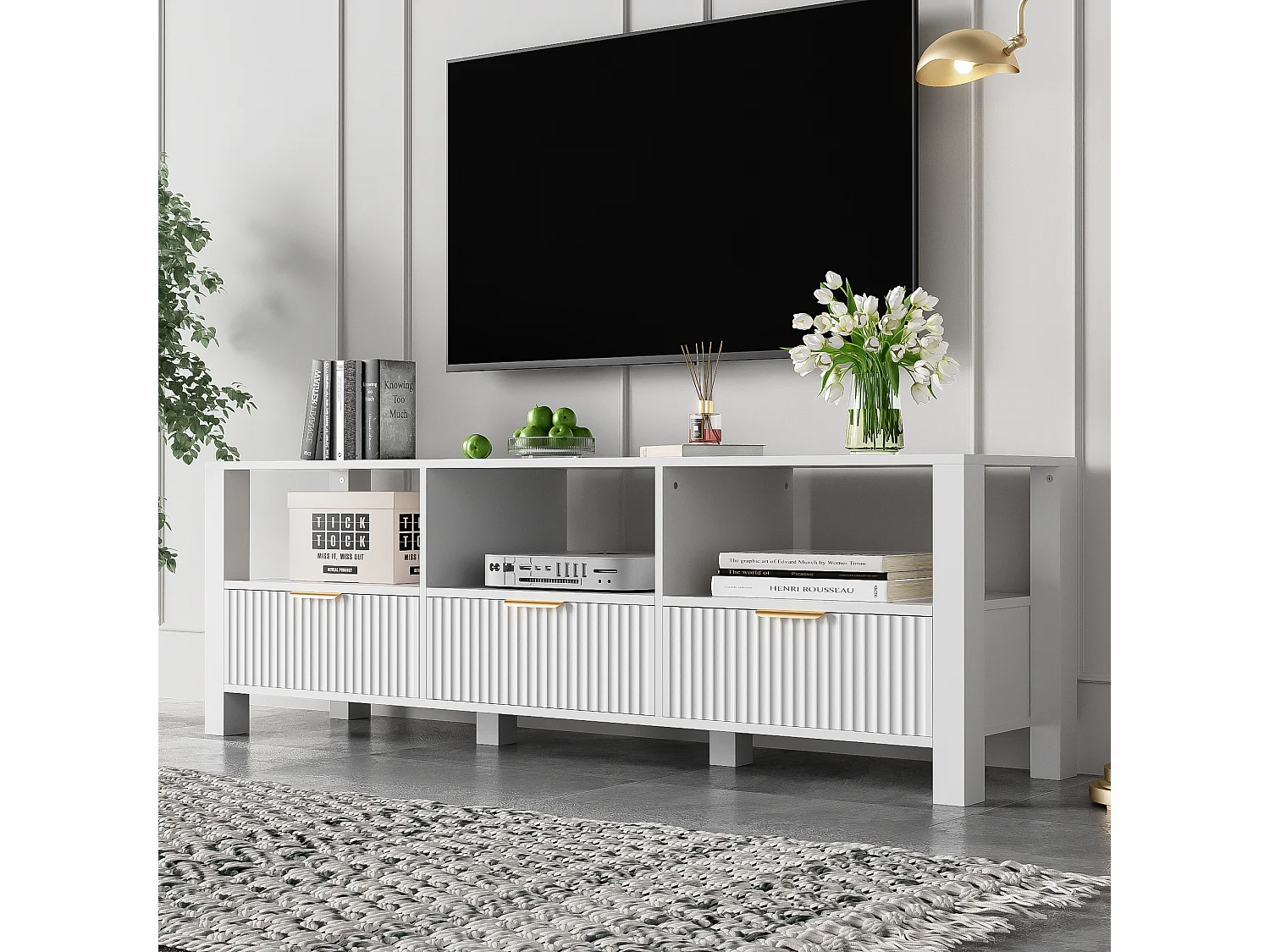 Meuble TV Moderne Blanc, 152,5 Cm, Design Simple Et Élégant, Blanc