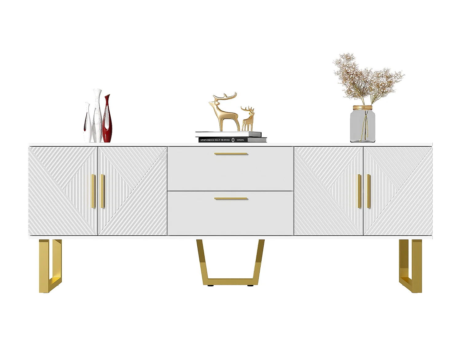 Meuble TV Blanc Laqué, 170 Cm, 4 Portes Et 2 Tiroirs, Blanc