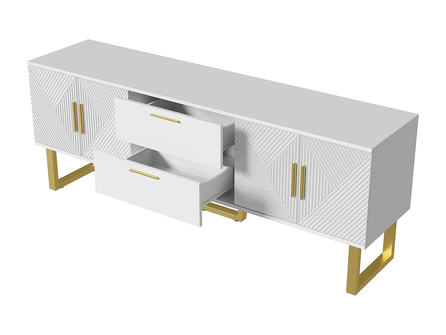 Meuble TV Blanc Laqué, 170 Cm, 4 Portes Et 2 Tiroirs, Blanc