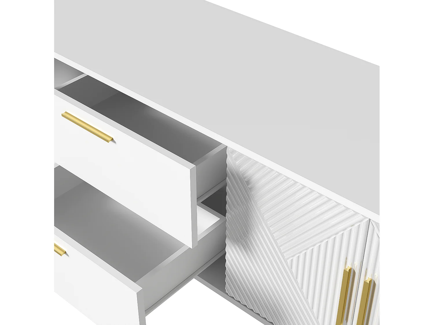 Meuble TV Blanc Laqué, 170 Cm, 4 Portes Et 2 Tiroirs, Blanc
