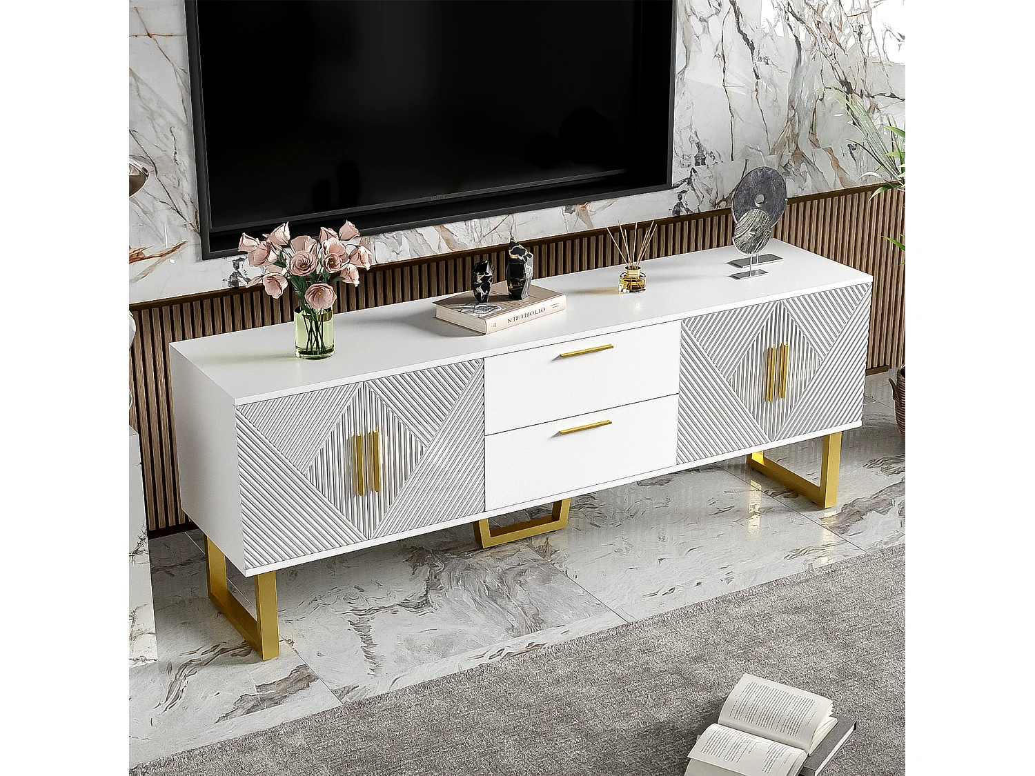 Móvel de TV lacado branco, 170 cm, 4 portas e 2 gavetas, branco