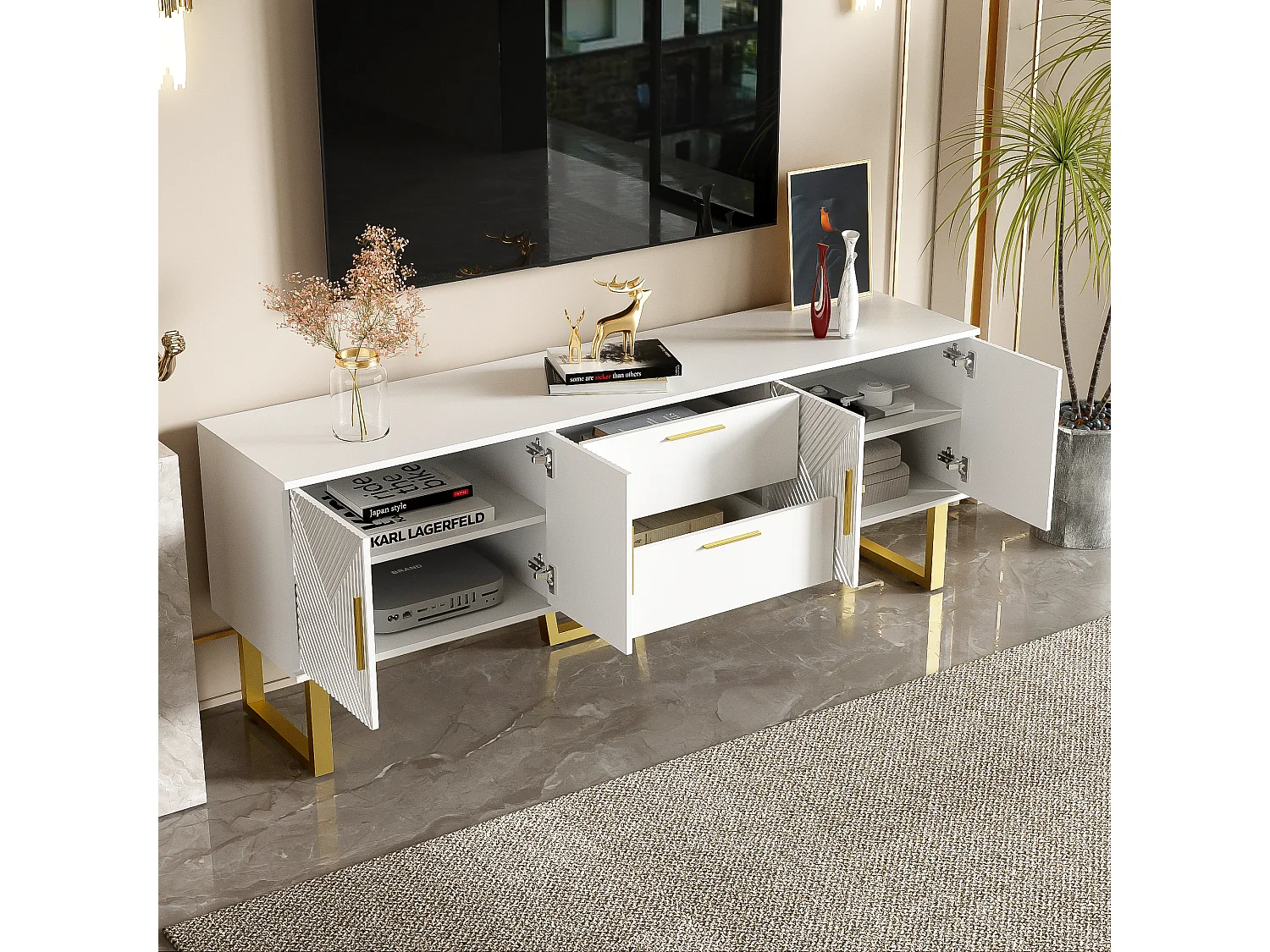 Móvel de TV lacado branco, 170 cm, 4 portas e 2 gavetas, branco