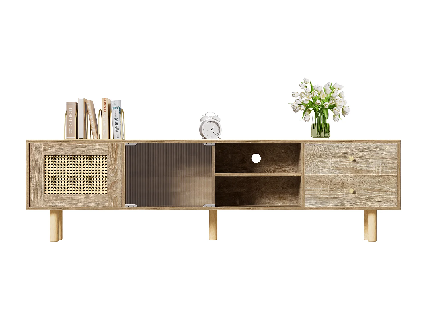 Meuble TV En Rattan, Avec Portes, Compartiments Ouverts Et Portes Coulissantes En Verre, Naturel