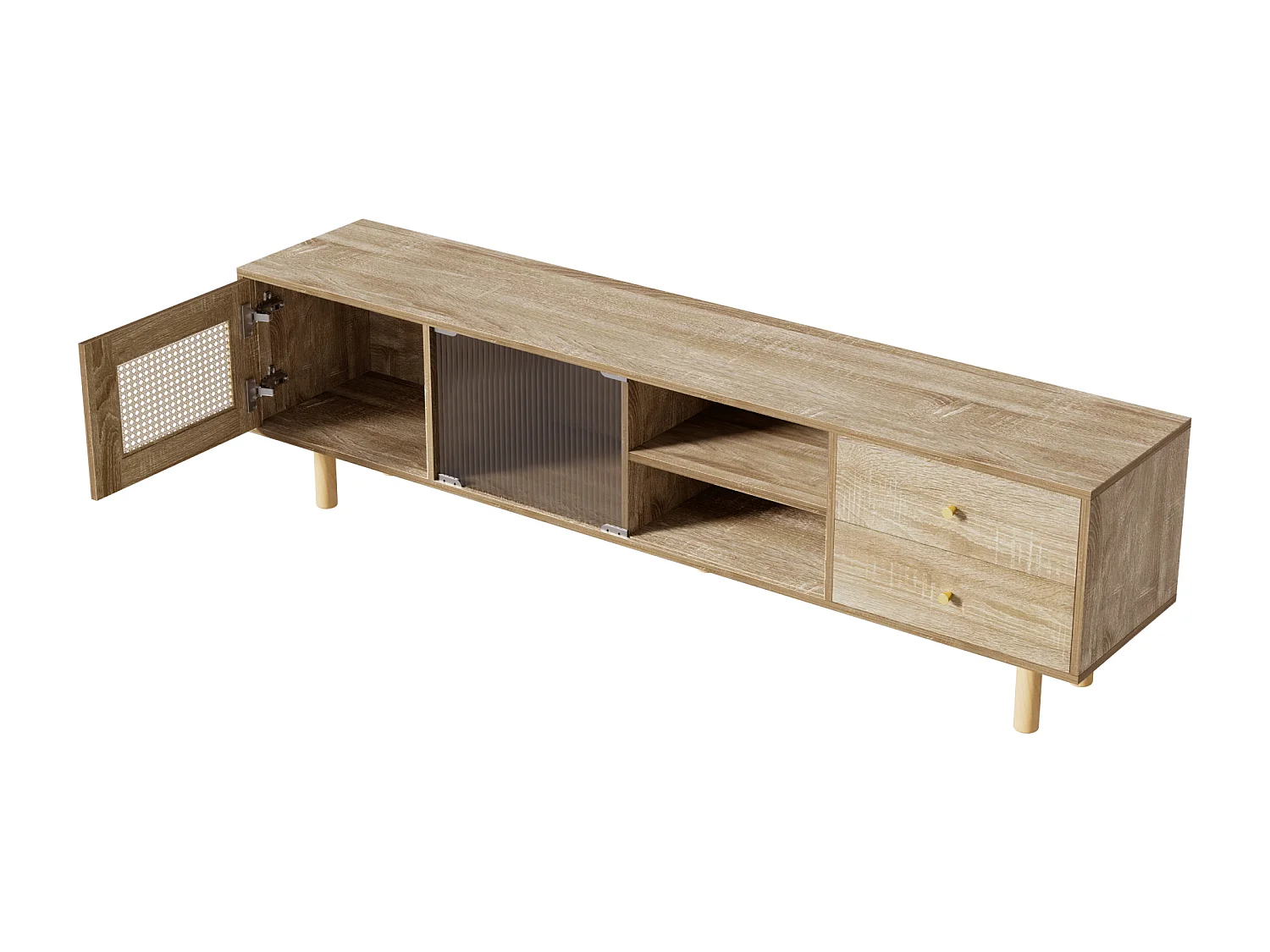 Meuble TV En Rattan, Avec Portes, Compartiments Ouverts Et Portes Coulissantes En Verre, Naturel