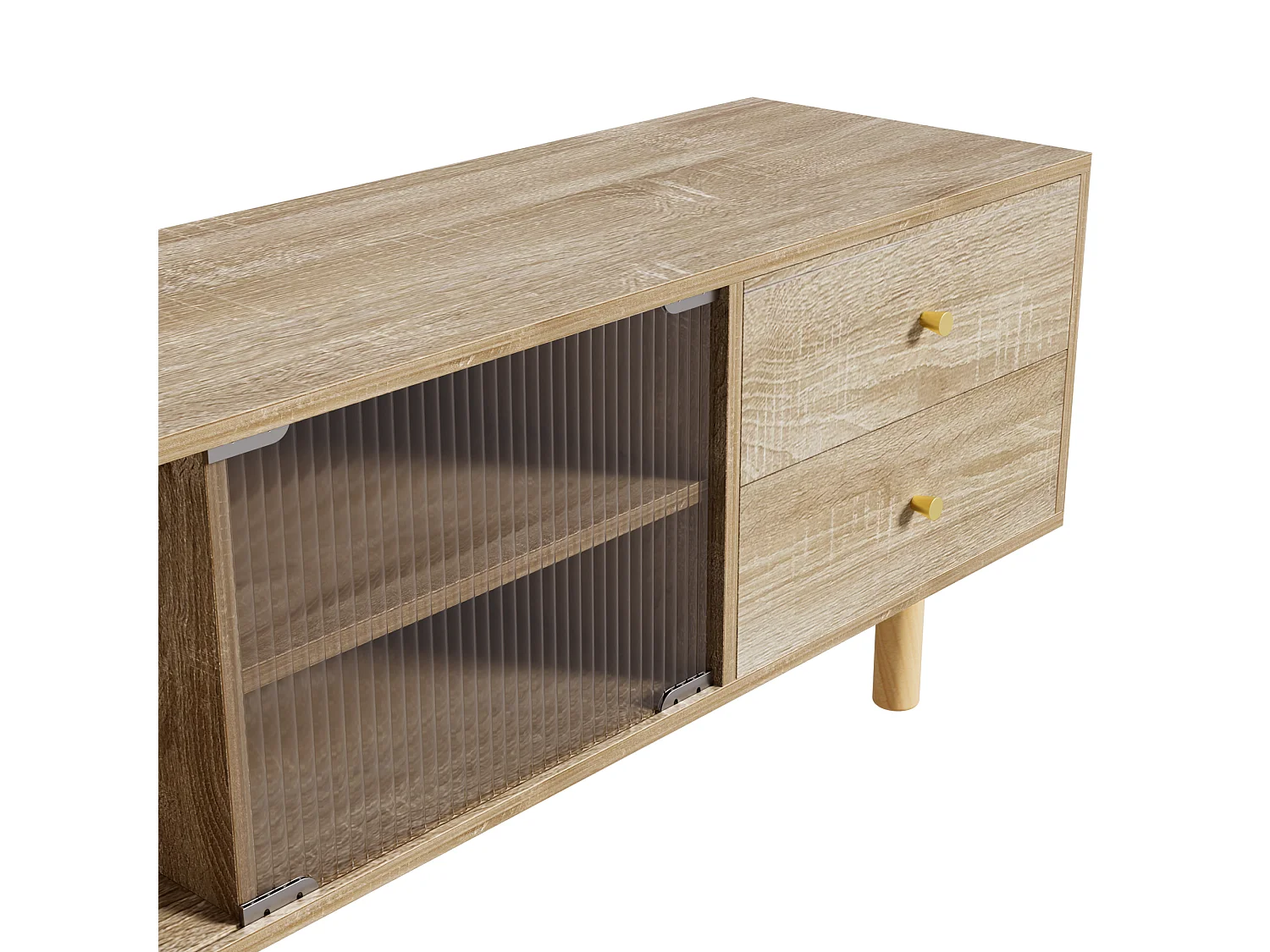 Meuble TV En Rattan, Avec Portes, Compartiments Ouverts Et Portes Coulissantes En Verre, Naturel