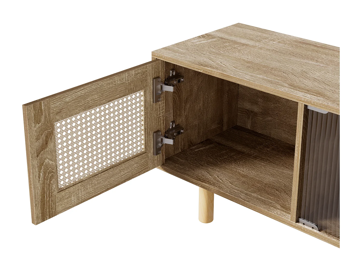 Meuble TV En Rattan, Avec Portes, Compartiments Ouverts Et Portes Coulissantes En Verre, Naturel