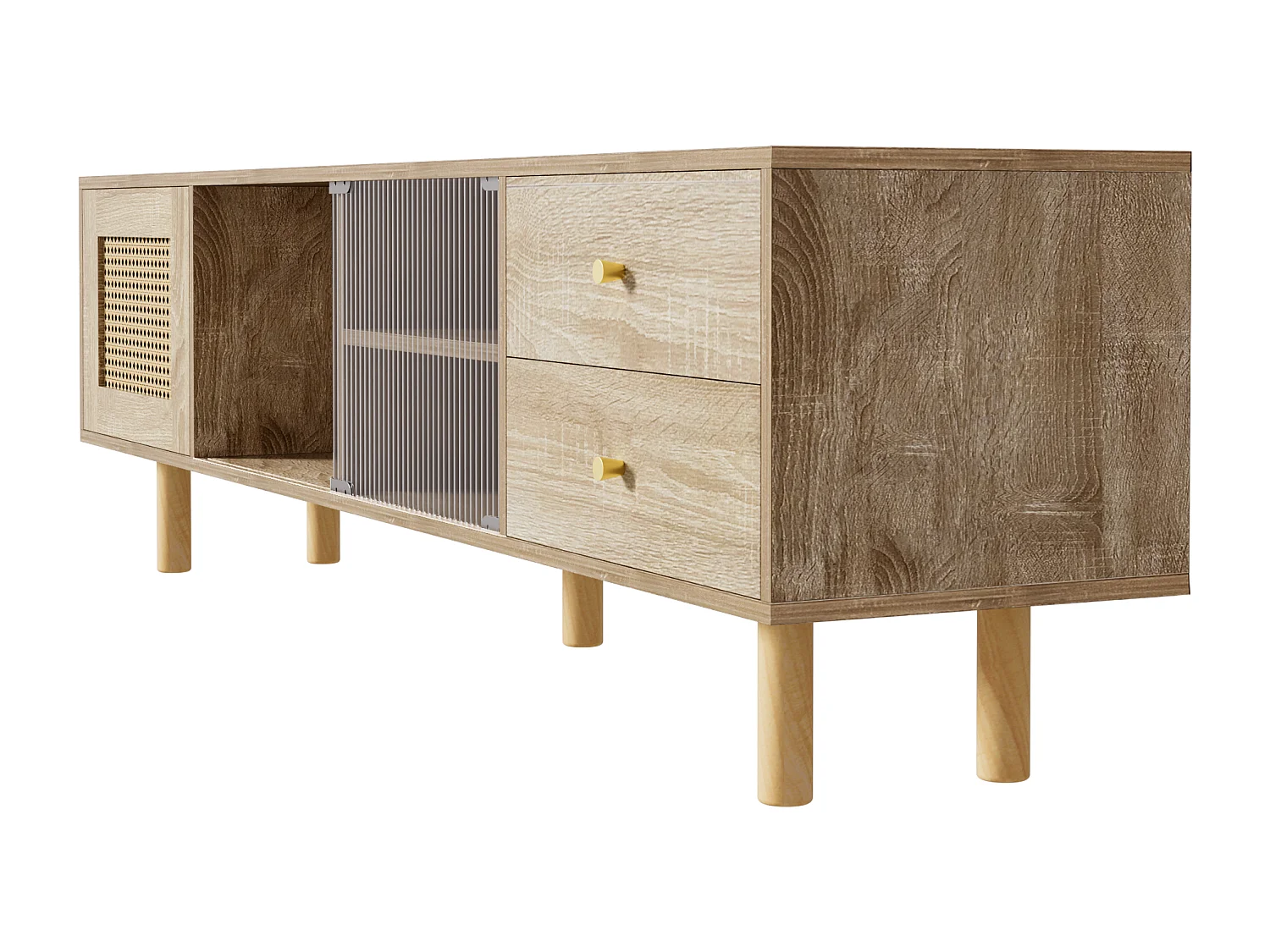 Meuble TV En Rattan, Avec Portes, Compartiments Ouverts Et Portes Coulissantes En Verre, Naturel