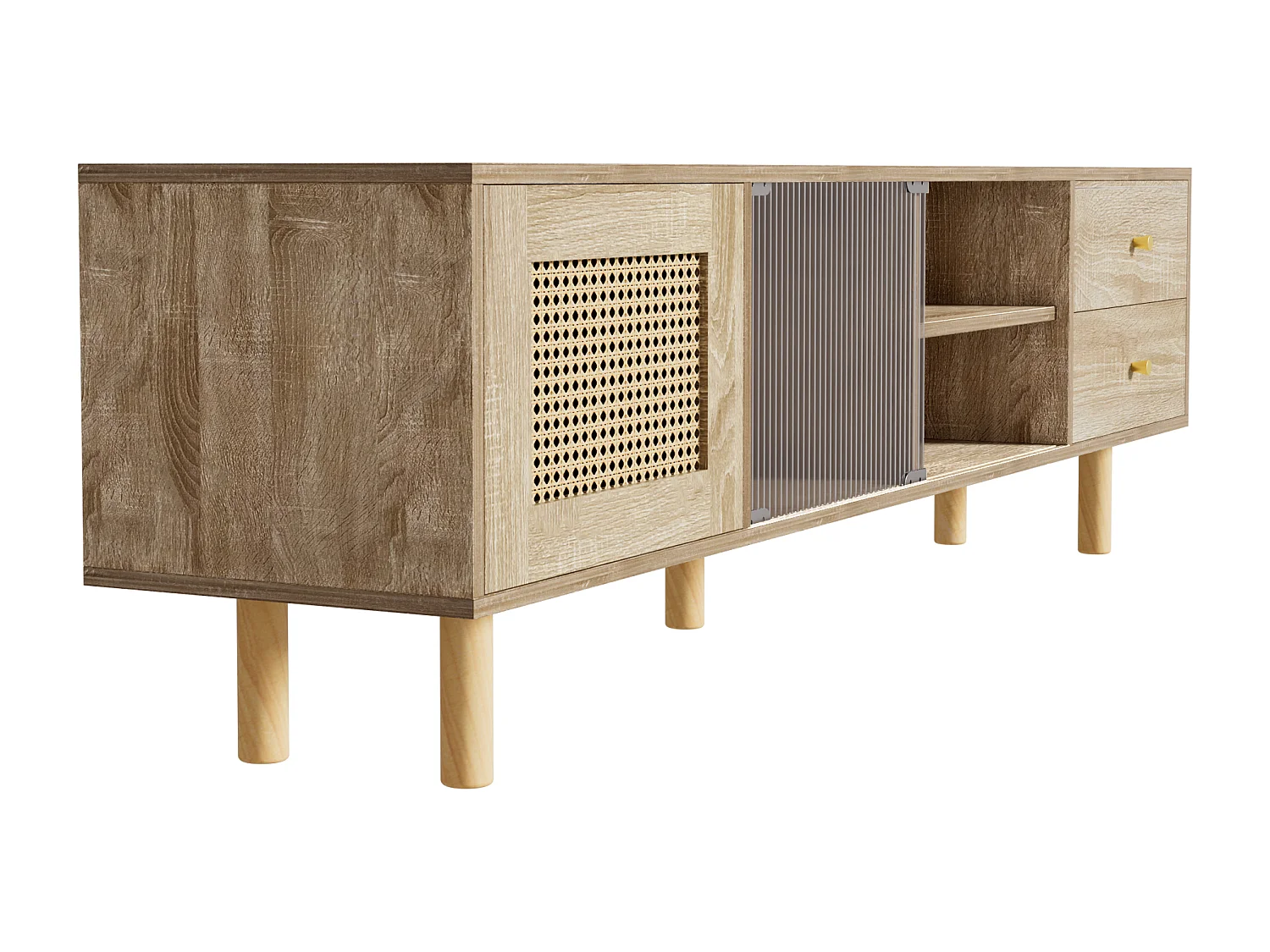 Meuble TV En Rattan, Avec Portes, Compartiments Ouverts Et Portes Coulissantes En Verre, Naturel