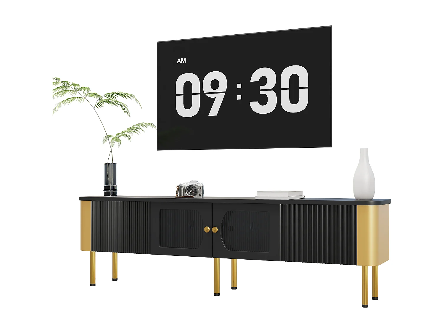 Armário de TV com gavetas, ferragens especiais para portas, puxadores dourados, pernas, formato curvo, branco