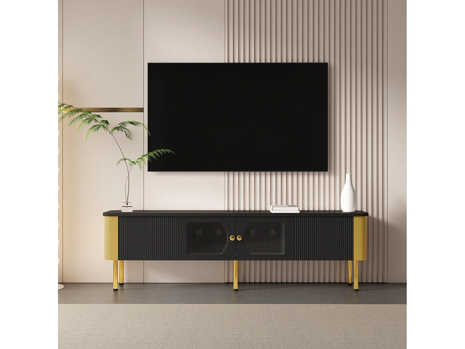 Armário de TV com gavetas, ferragens especiais para portas, puxadores dourados, pernas, formato curvo, branco