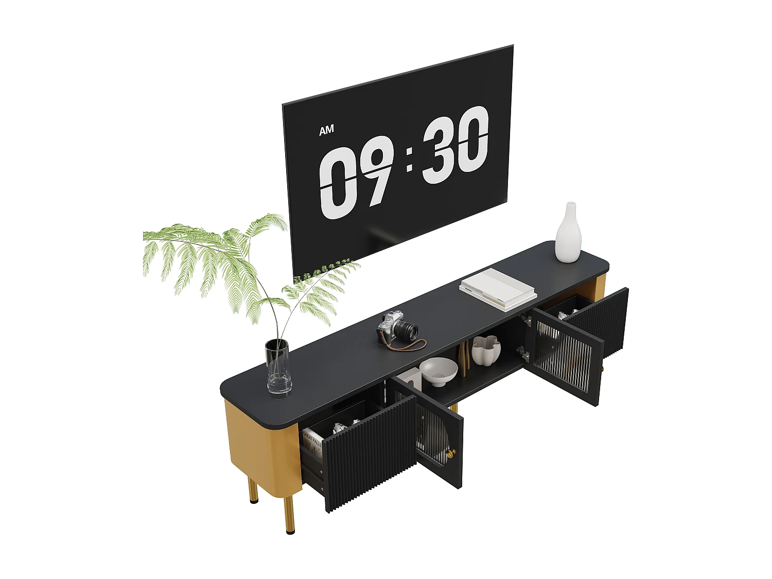 Armário de TV com gavetas, ferragens especiais para portas, puxadores dourados, pernas, formato curvo, branco