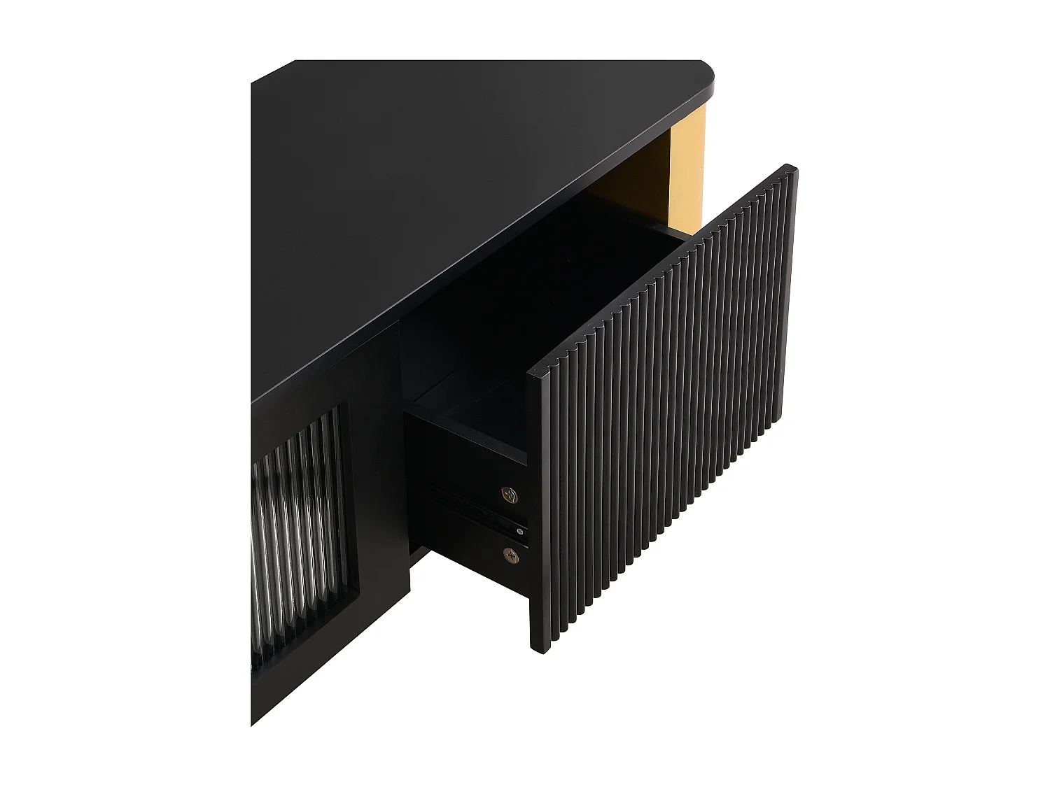 Armário de TV com gavetas, ferragens especiais para portas, puxadores dourados, pernas, formato curvo, branco