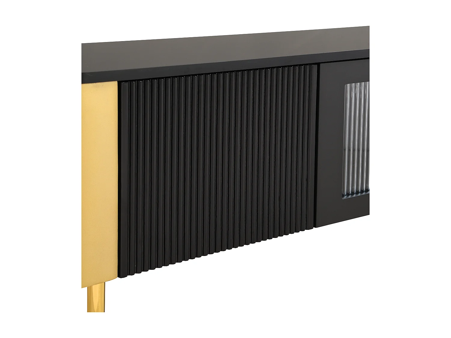 Armário de TV com gavetas, ferragens especiais para portas, puxadores dourados, pernas, formato curvo, branco