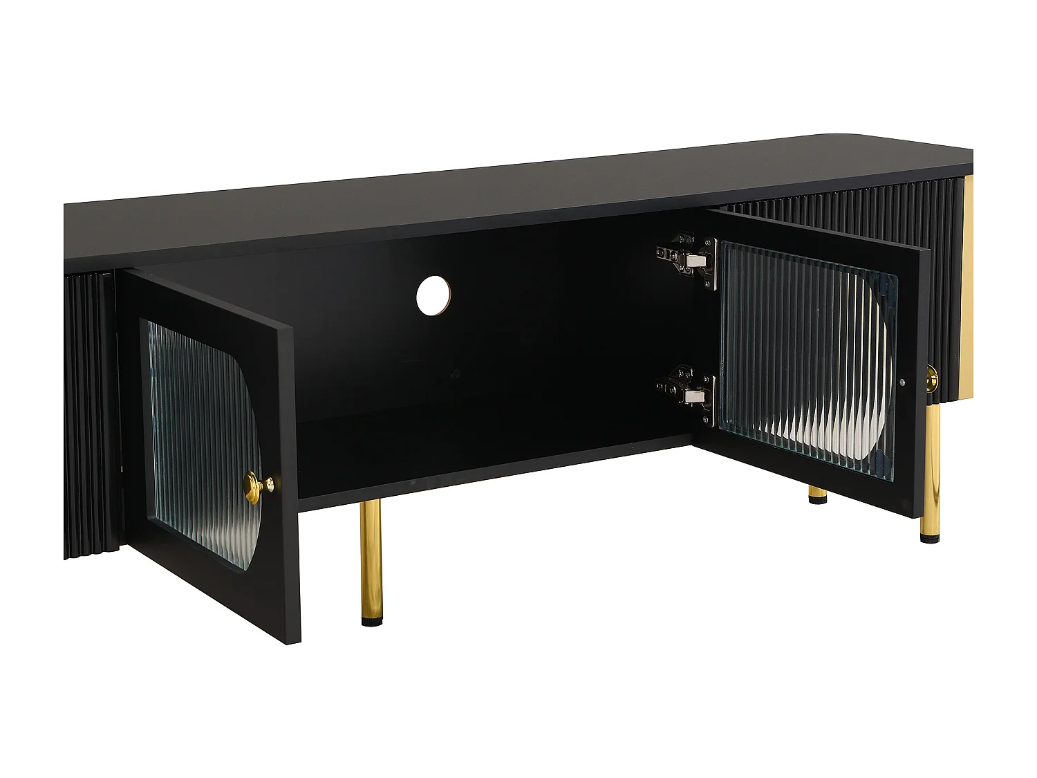 Armário de TV com gavetas, ferragens especiais para portas, puxadores dourados, pernas, formato curvo, branco