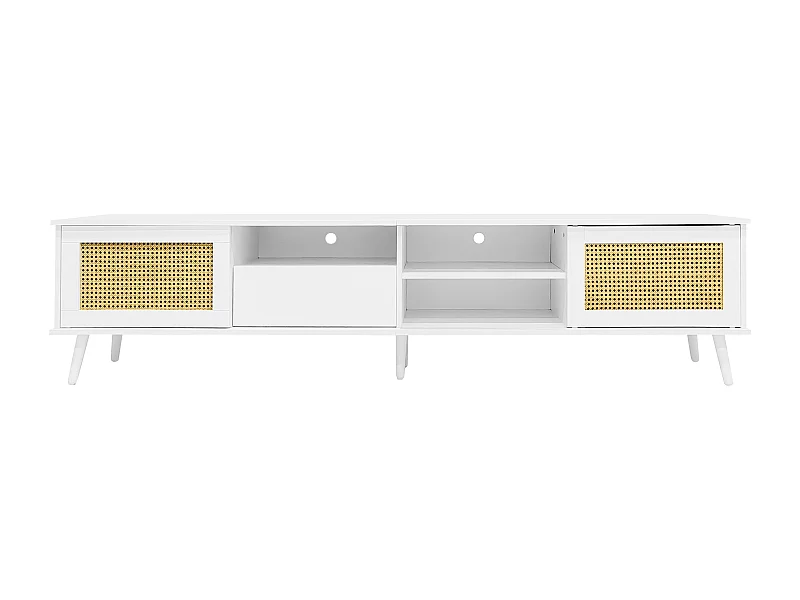 Mobile TV in Rattan, 200x40x49 cm, Adatto per 90 Pollici, 2 Ante in Rattan, 1 Cassetto, 3 Aperti, Bianco