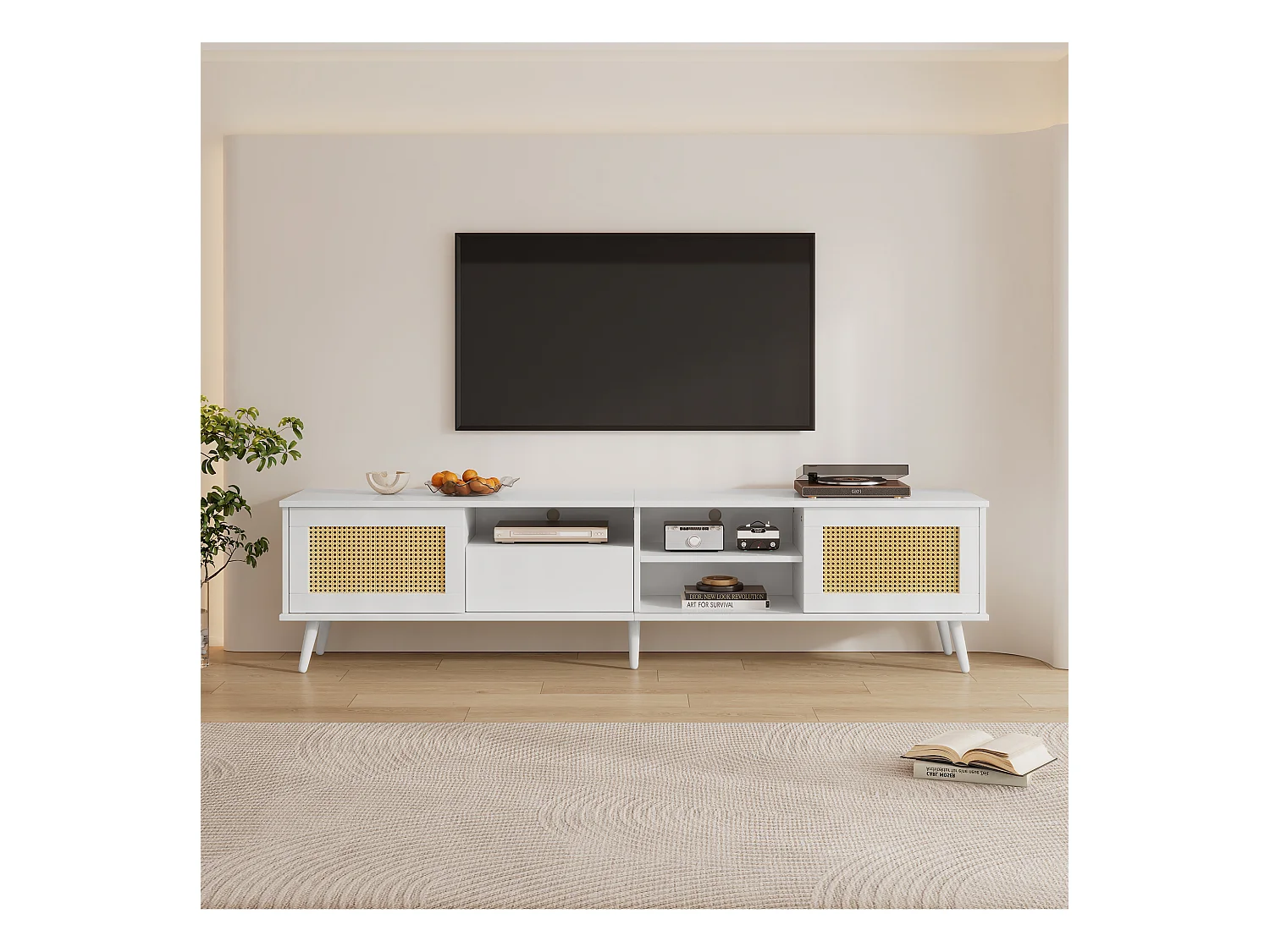 Mobile TV in Rattan, 200x40x49 cm, Adatto per 90 Pollici, 2 Ante in Rattan, 1 Cassetto, 3 Aperti, Bianco