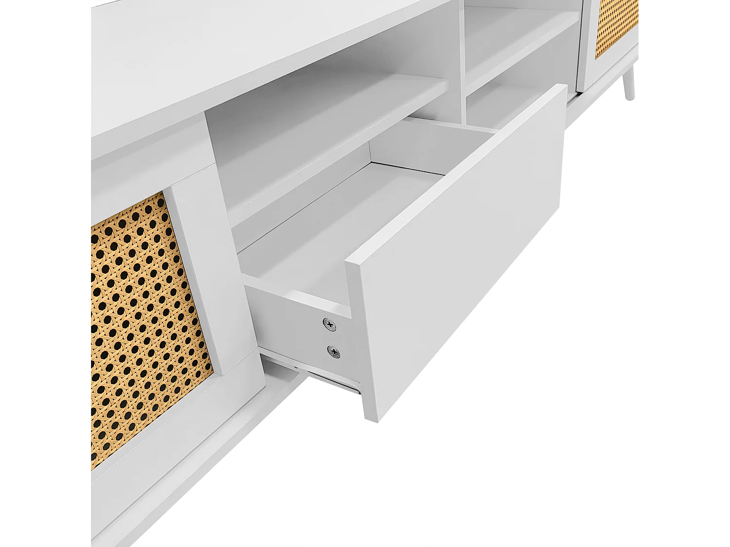 Mobile TV in Rattan, 200x40x49 cm, Adatto per 90 Pollici, 2 Ante in Rattan, 1 Cassetto, 3 Aperti, Bianco