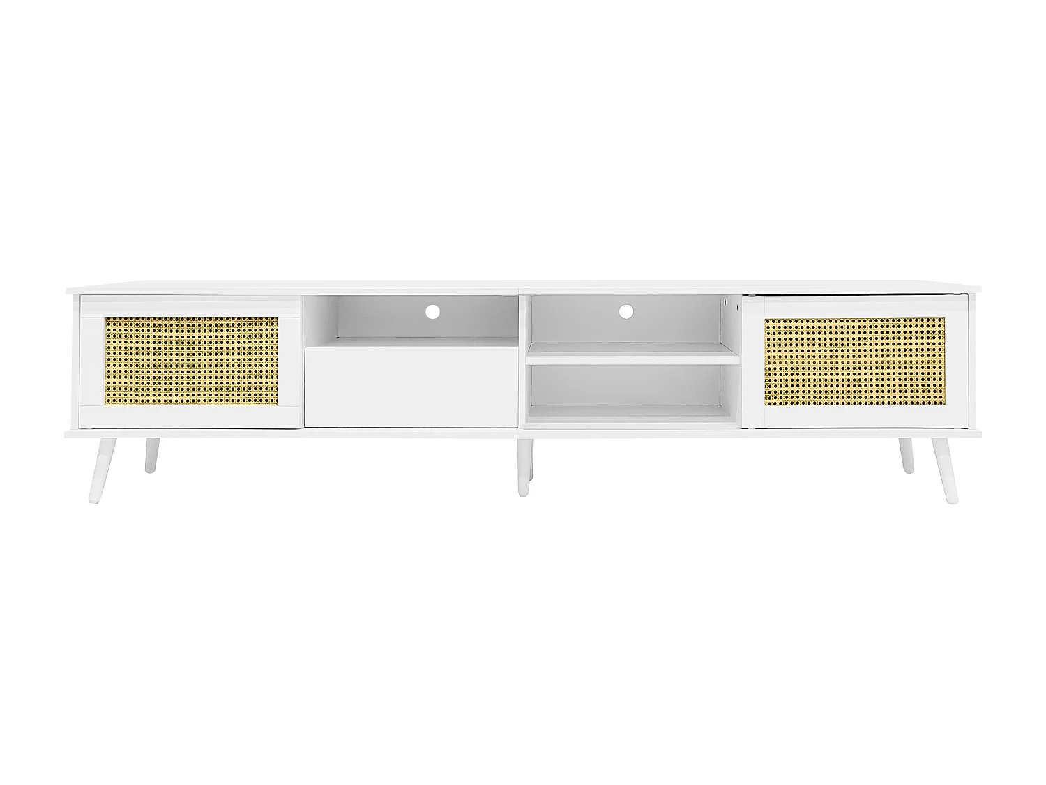 Meuble TV En Rattan,200x40x49 Cm,adapté Pour 90 Pouces,2 Portes En Rattan,1 Tiroir,3 Ouverts,blanc