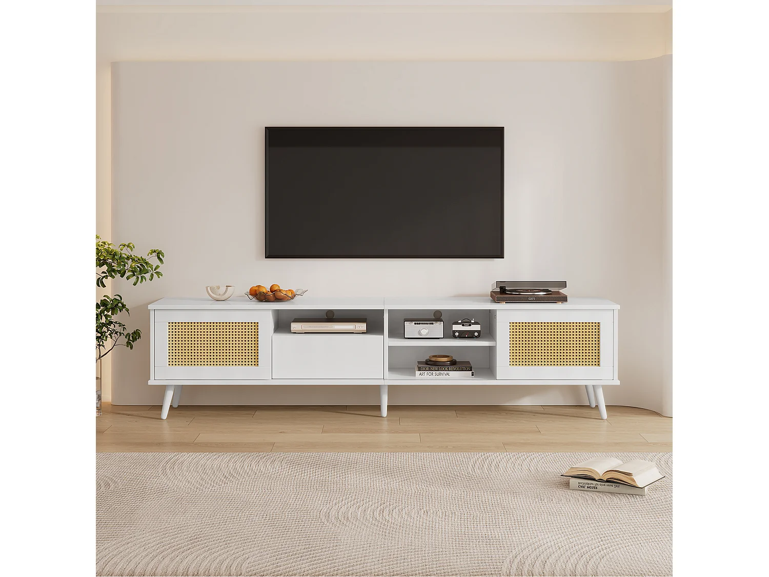 Meuble TV En Rattan,200x40x49 Cm,adapté Pour 90 Pouces,2 Portes En Rattan,1 Tiroir,3 Ouverts,blanc