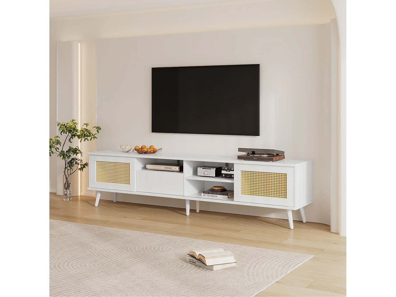 Meuble TV En Rattan,200x40x49 Cm,adapté Pour 90 Pouces,2 Portes En Rattan,1 Tiroir,3 Ouverts,blanc