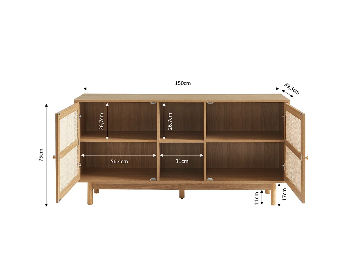 Buffet effet chêne et cannage rotin 150 cm ONYX