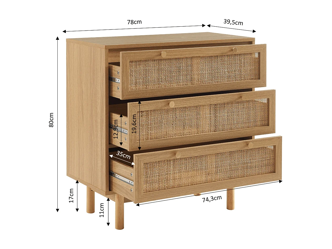 Commode effet chêne et cannage rotin 3 tiroirs ONYX