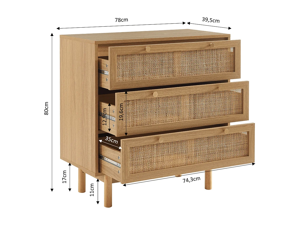 Commode effet chêne et cannage rotin 3 tiroirs ONYX