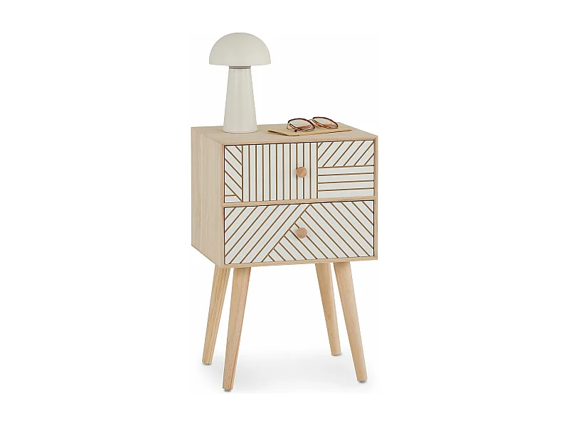Table de chevet PELO petite commode de nuit avec 2 tiroirs rainurés, en bois de paulownia naturel/blanc