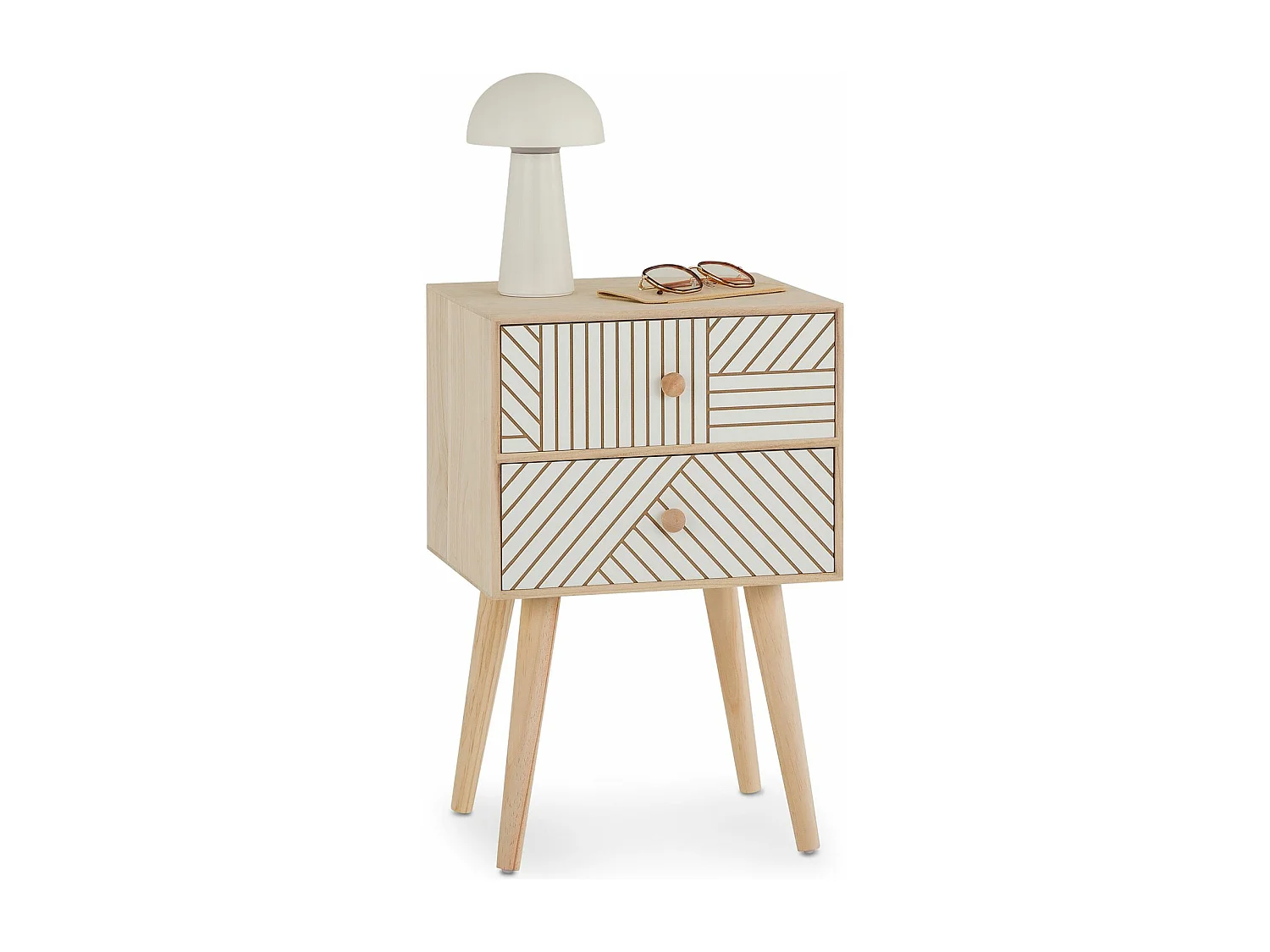 Table de chevet PELO petite commode de nuit avec 2 tiroirs rainurés, en bois de paulownia naturel/blanc