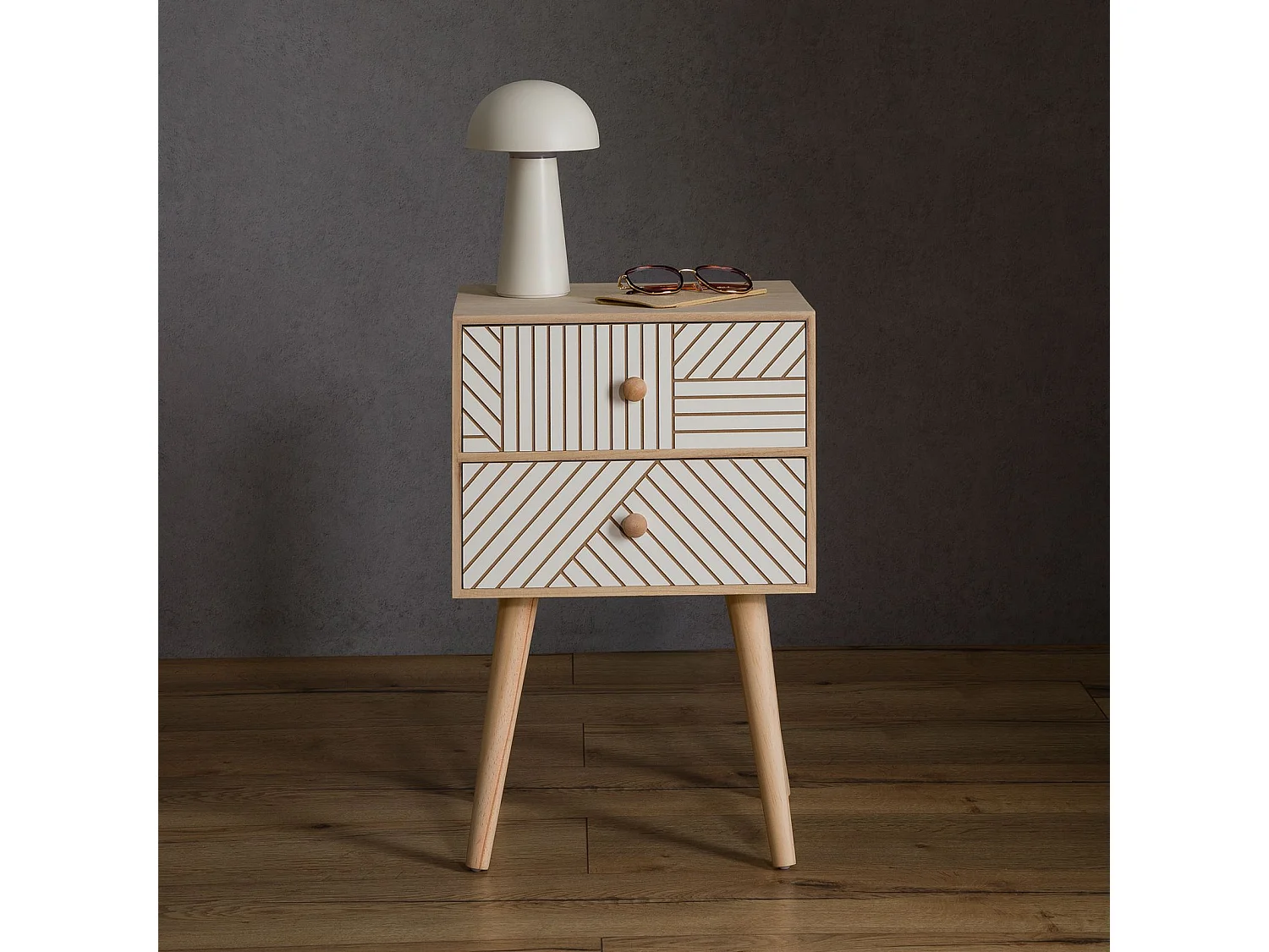 Table de chevet PELO petite commode de nuit avec 2 tiroirs rainurés, en bois de paulownia naturel/blanc