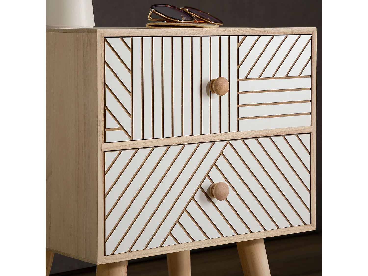 Table de chevet PELO petite commode de nuit avec 2 tiroirs rainurés, en bois de paulownia naturel/blanc