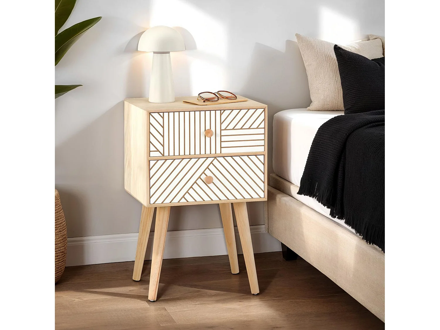 Table de chevet PELO petite commode de nuit avec 2 tiroirs rainurés, en bois de paulownia naturel/blanc