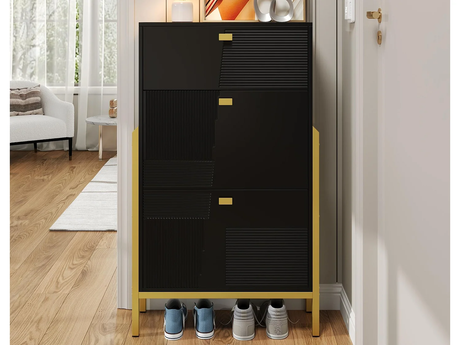 Meuble à chaussures - 1 tiroir - poignées et pieds dorés - Noir