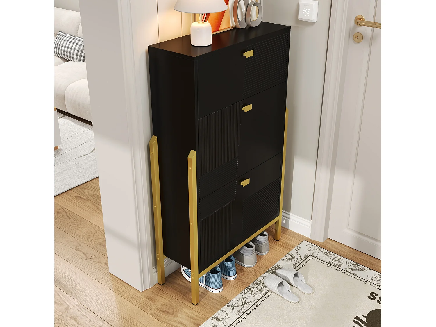 Meuble à chaussures - 1 tiroir - poignées et pieds dorés - Noir