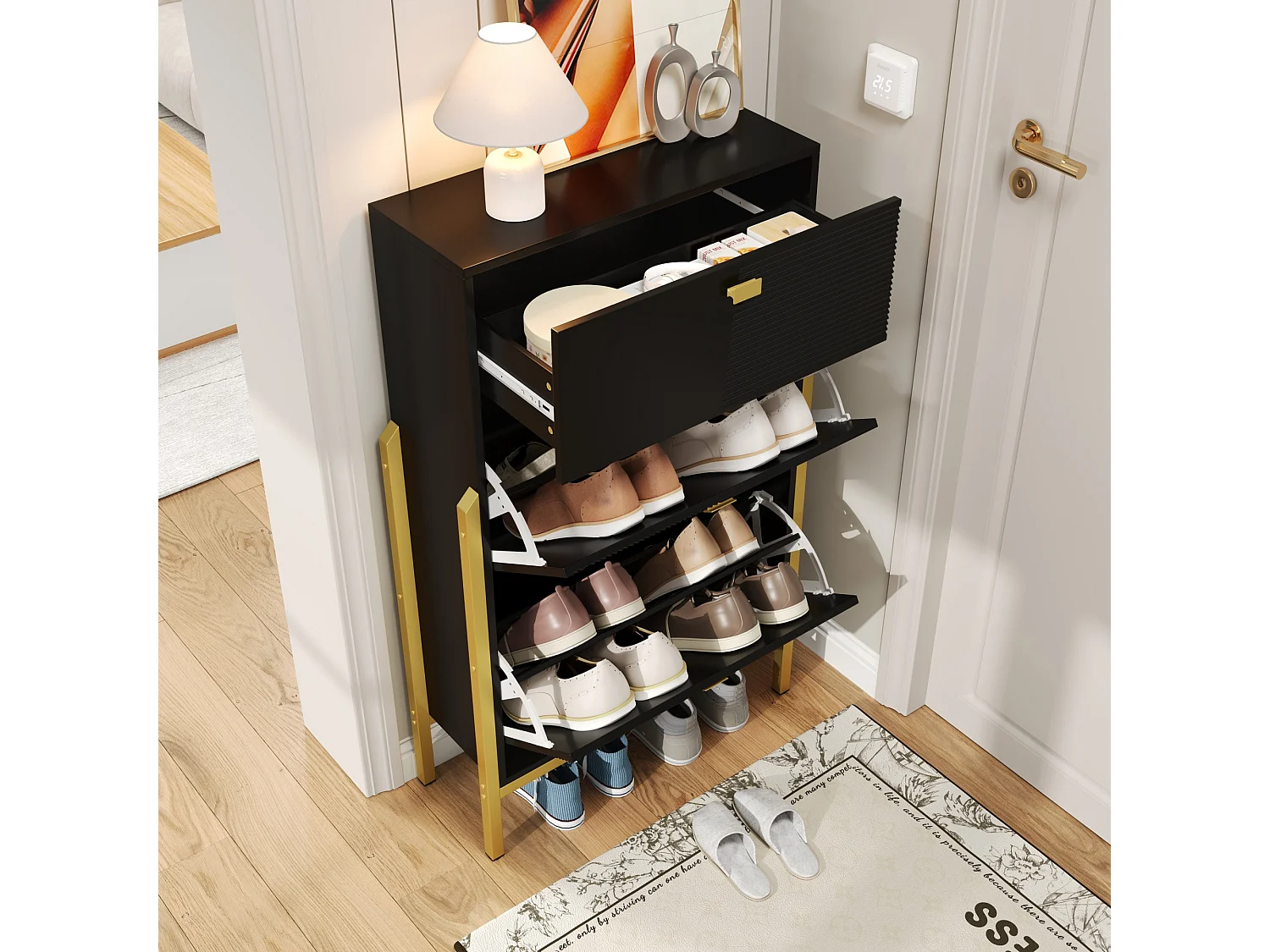 Meuble à chaussures - 1 tiroir - poignées et pieds dorés - Noir