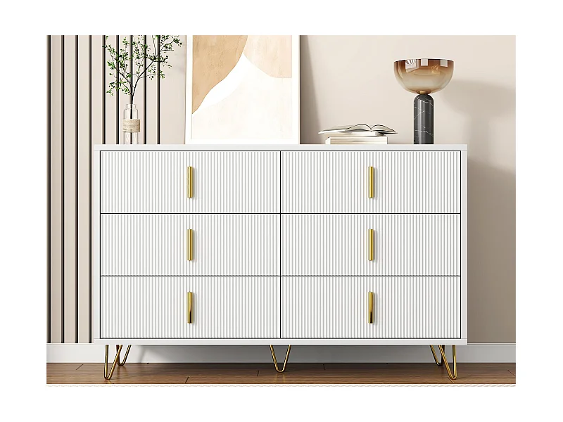 Dressoir 120x40x77 cm - met 6 lades - gouden handgrepen - Wit