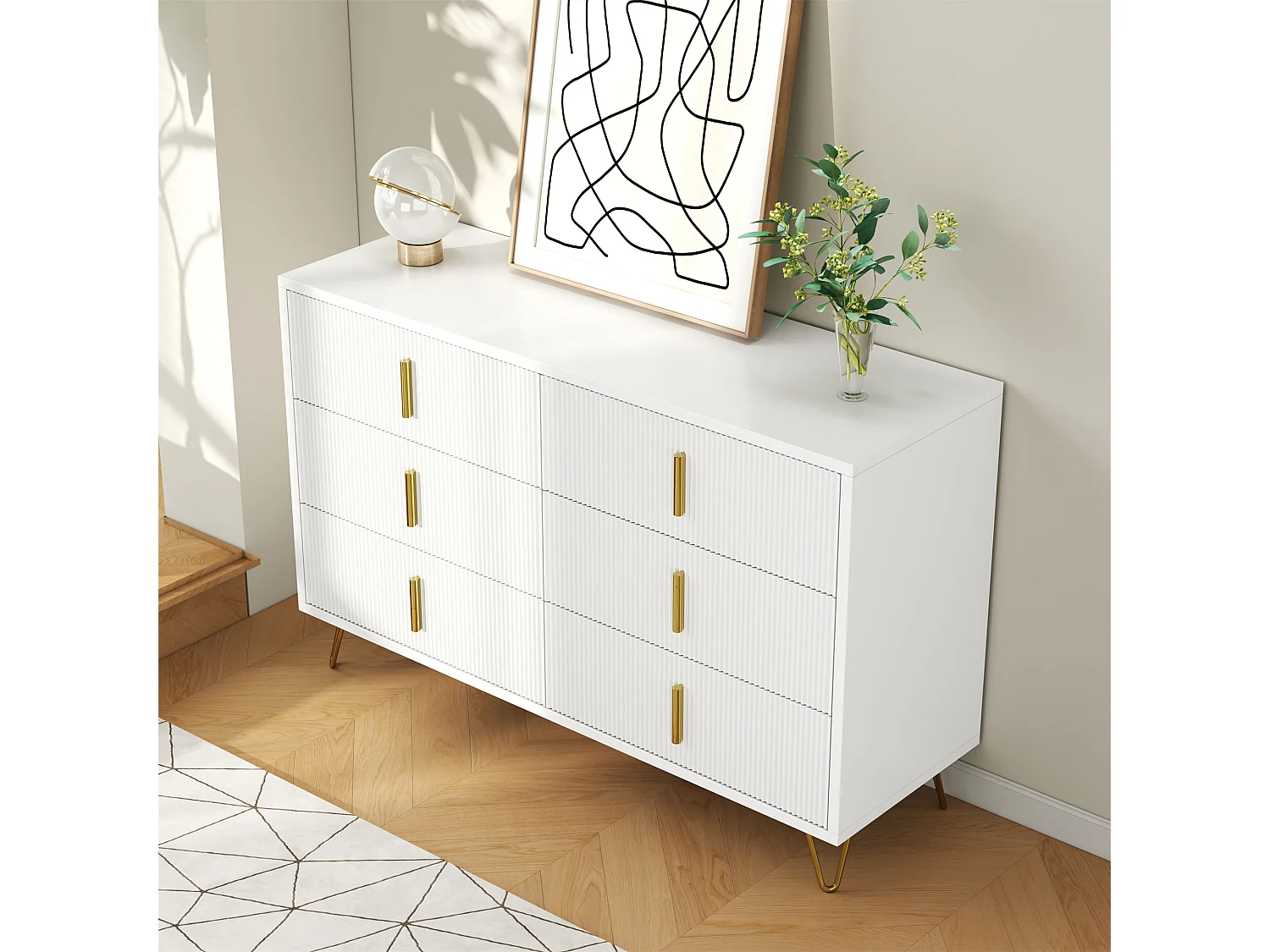 Buffet 120x40x77 cm - avec 6 tiroirs - poignées dorées - Blanc