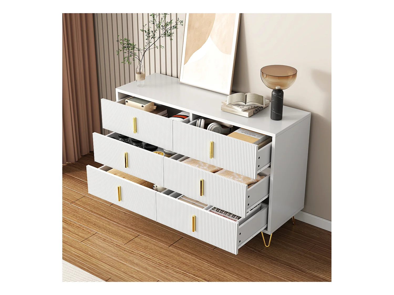 Buffet 120x40x77 cm - avec 6 tiroirs - poignées dorées - Blanc