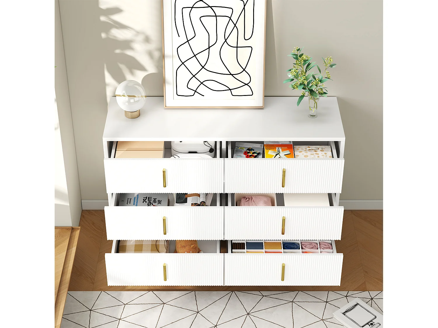 Buffet 120x40x77 cm - avec 6 tiroirs - poignées dorées - Blanc