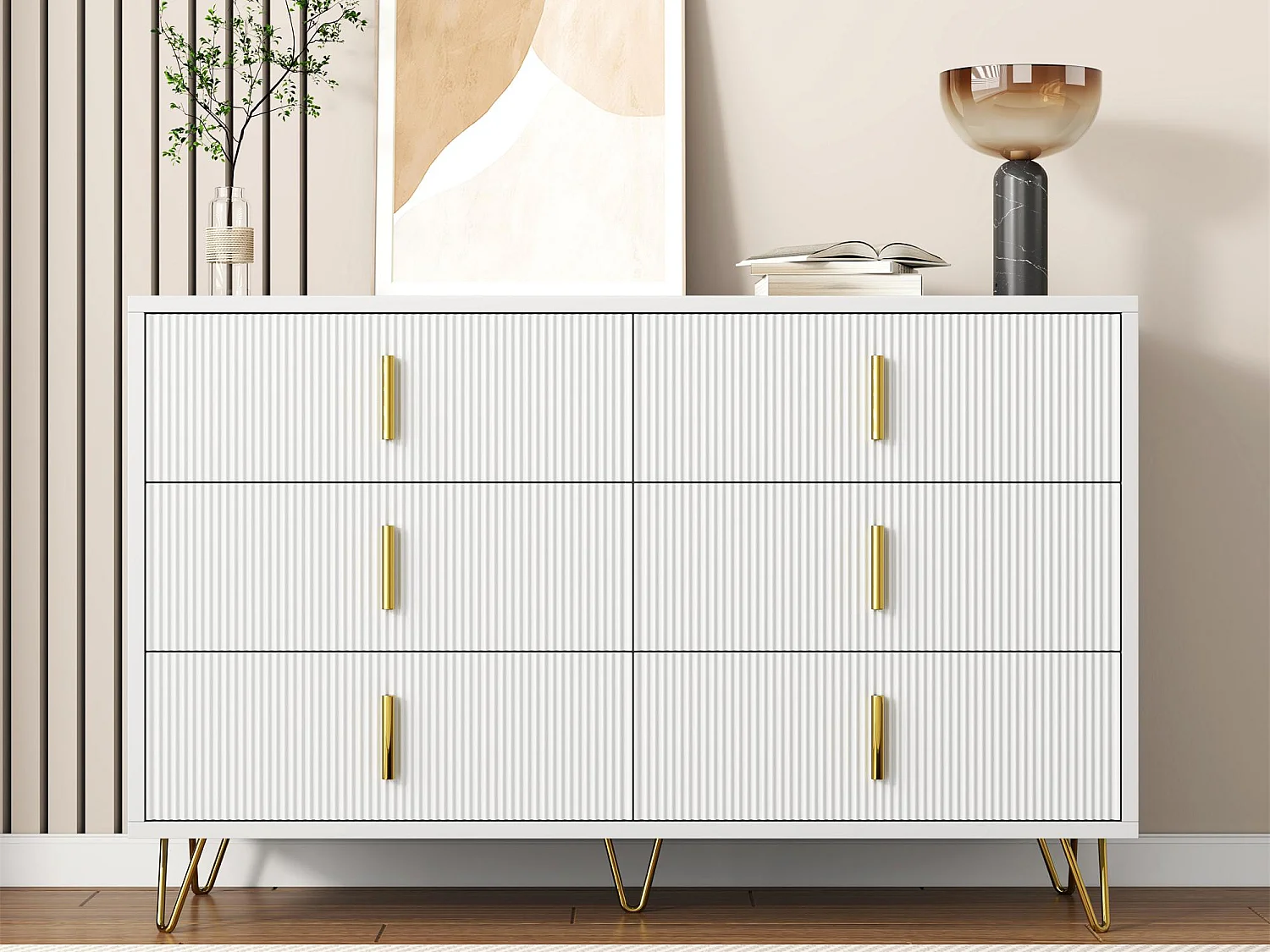 Buffet 120x40x77 cm - avec 6 tiroirs - poignées dorées - Blanc