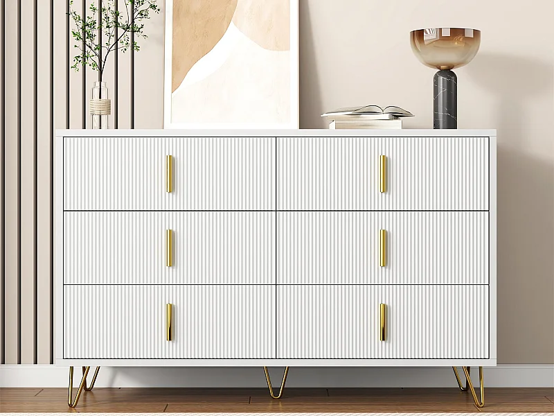 Buffet 120x40x77 cm - avec 6 tiroirs - poignées dorées - Blanc