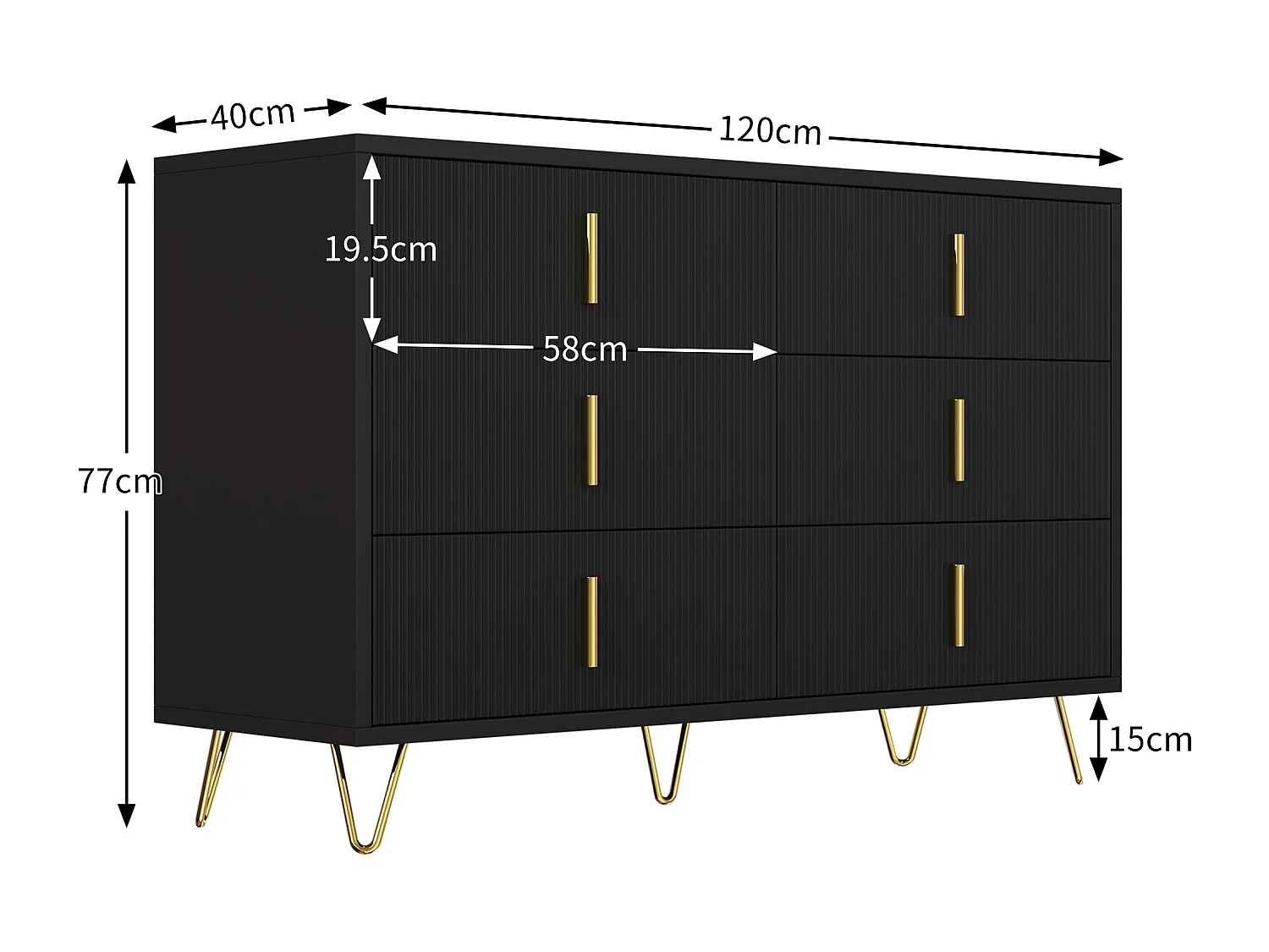 Buffet 120x40x77 cm - avec 6 tiroirs - poignées dorées - Noir