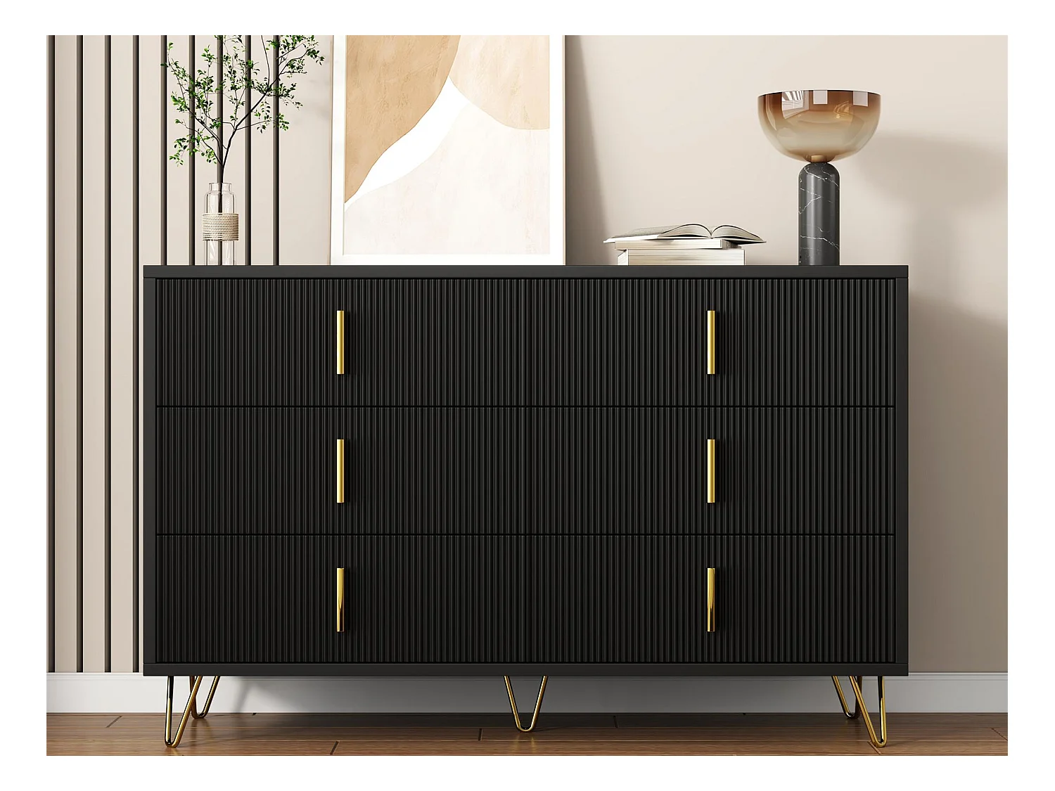 Buffet 120x40x77 cm - avec 6 tiroirs - poignées dorées - Noir