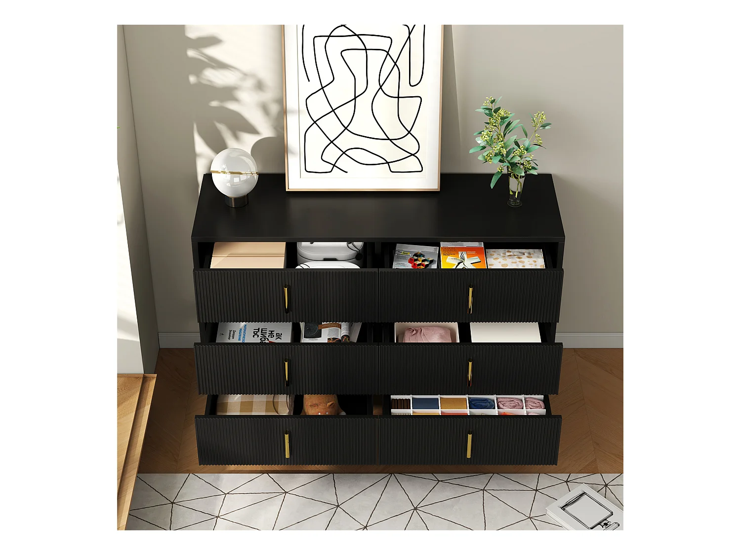 Buffet 120x40x77 cm - avec 6 tiroirs - poignées dorées - Noir