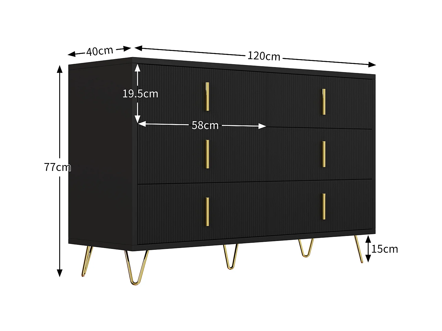 Buffet 120x40x77 cm - avec 6 tiroirs - poignées dorées - Noir