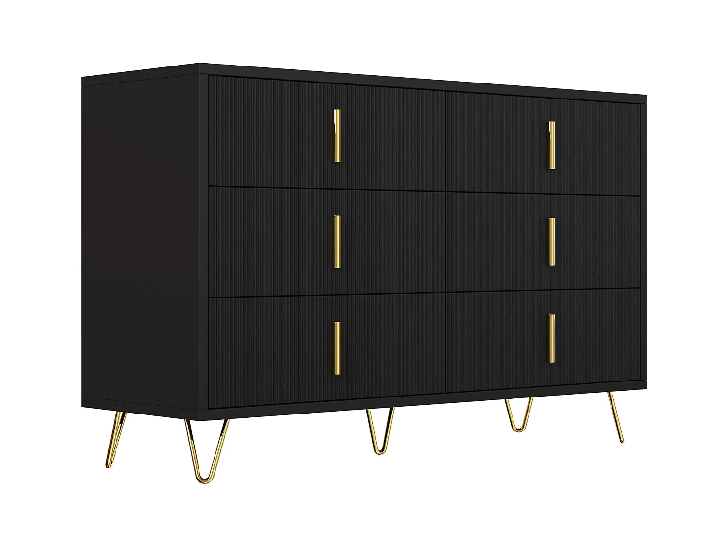 Buffet 120x40x77 cm - avec 6 tiroirs - poignées dorées - Noir