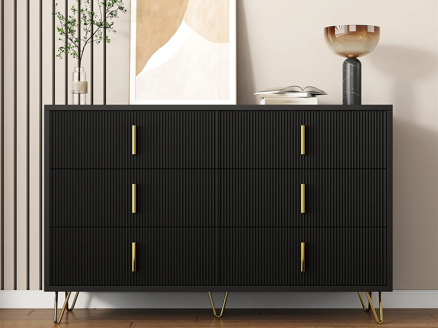 Sideboard 120x40x77 cm - mit 6 Schubladen - goldene Griffe - Schwarz