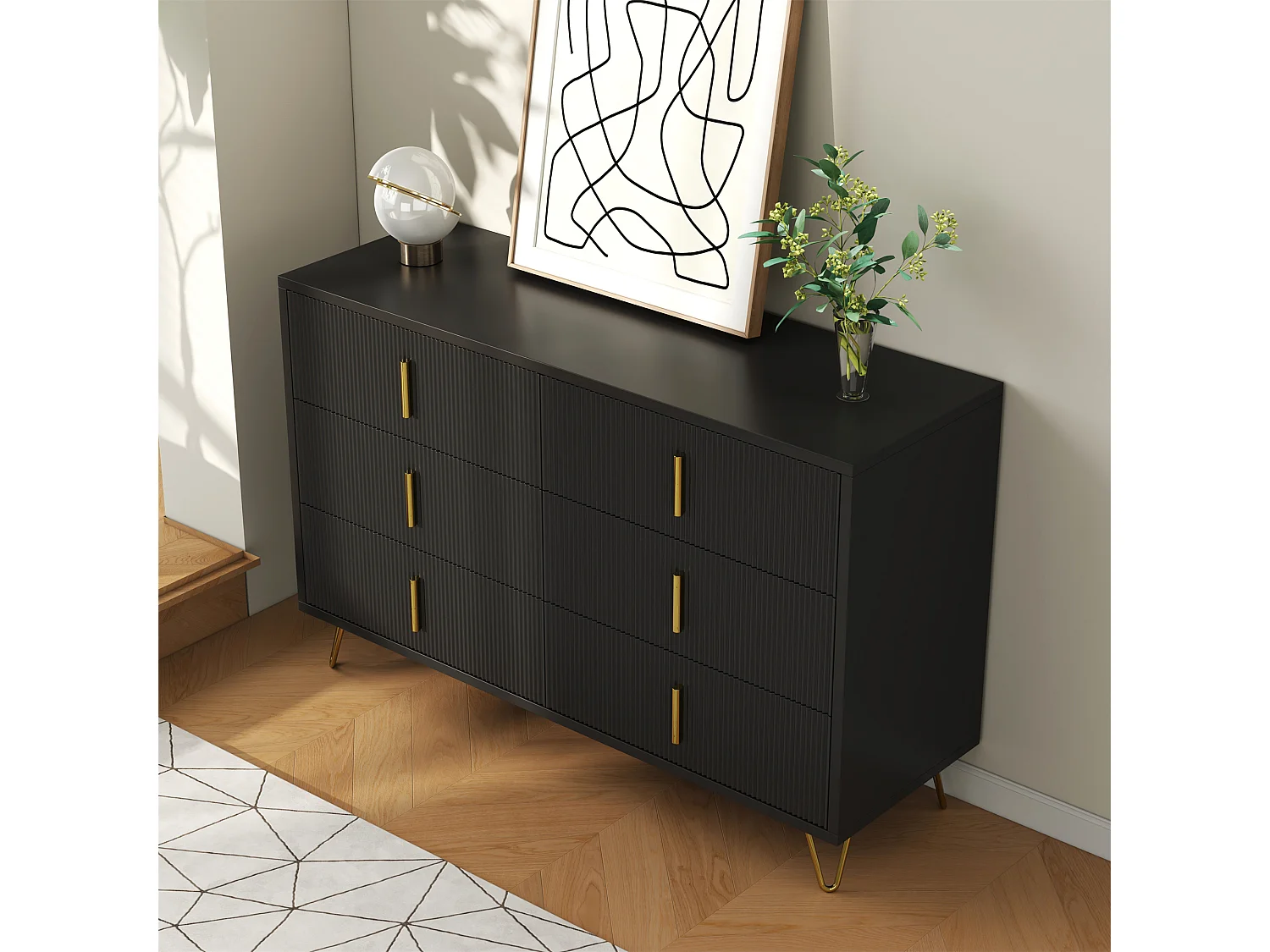 Sideboard 120x40x77 cm - mit 6 Schubladen - goldene Griffe - Schwarz