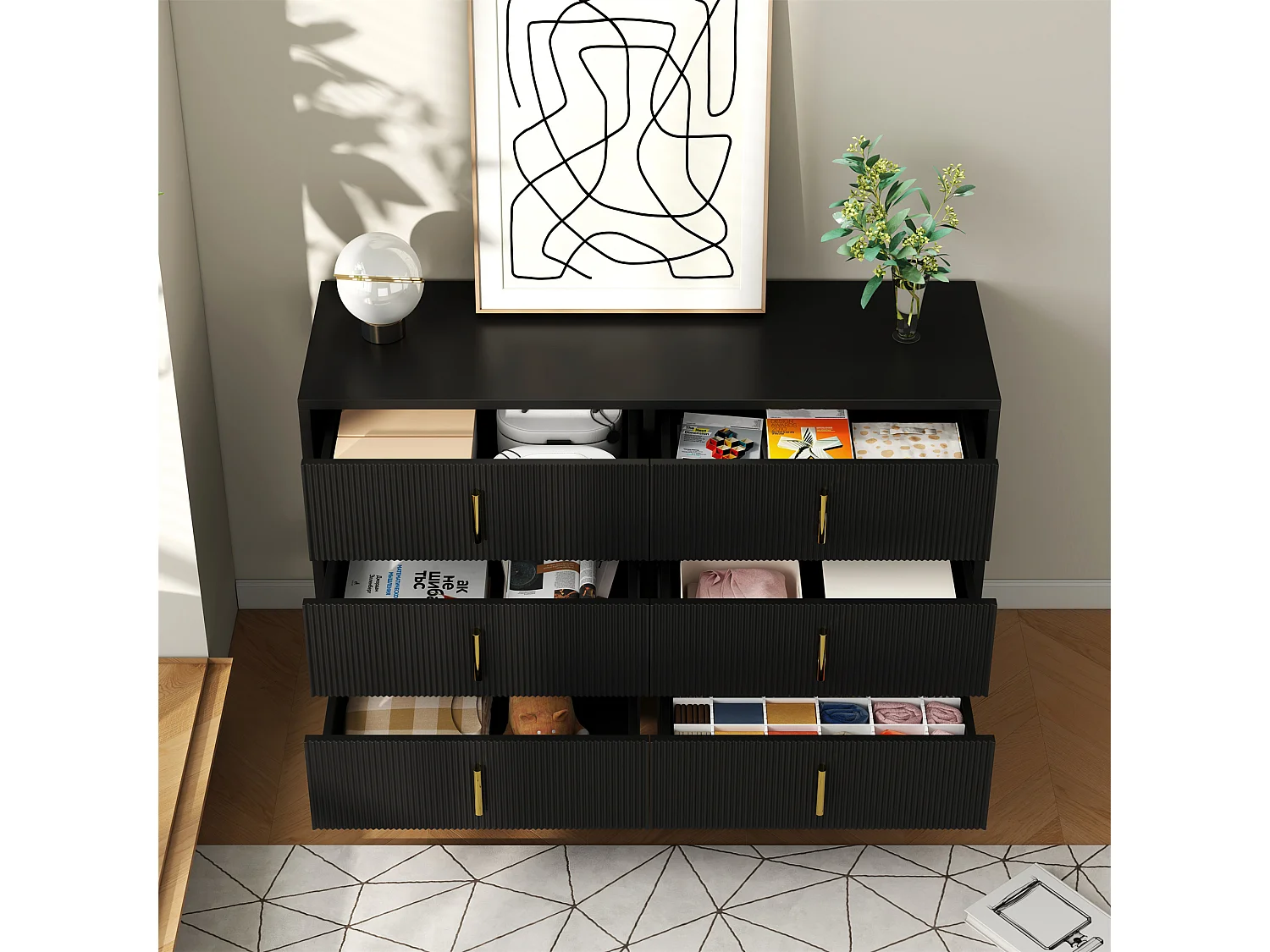 Sideboard 120x40x77 cm - mit 6 Schubladen - goldene Griffe - Schwarz